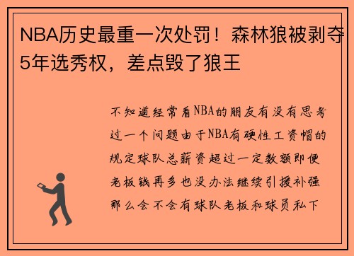 NBA历史最重一次处罚！森林狼被剥夺5年选秀权，差点毁了狼王